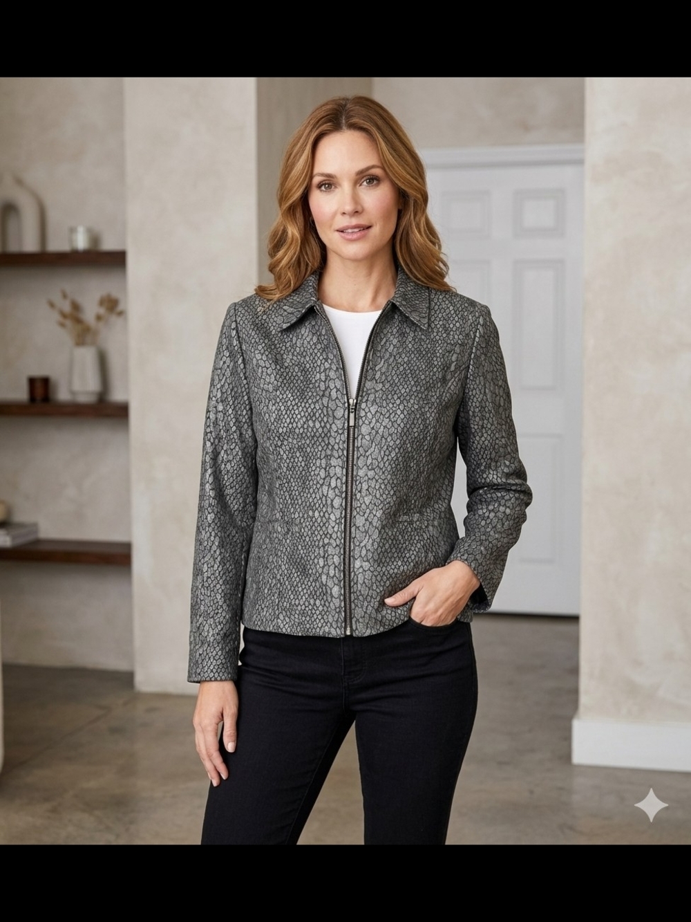 Alfred Dunner Charcoal Textured Zip-Front Leather Jacket Y2k